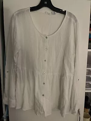 Sigrid Olsen Linen Blend Shirt Top Womens  Roll Tab Sleeve White Oversize Size M • $22