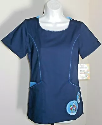 Mary Engelbreit Navy Blue Elf Patches Nurses Uniform Scrub Top Size XS NWT • $24.99