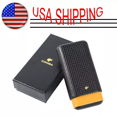 Yellow & Black Leather Cedar Lined Cigar Case Travel Humidor 3 Ct Gift Cohiba • $24.43