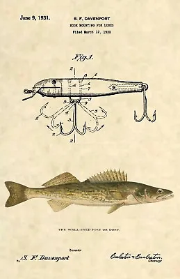 Walleye Muskie Fishing Lure Patent Art Print- Antique Walleye Muskie Fish -  876 • $12.77