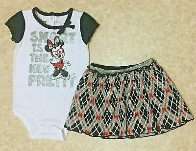 Disney Minnie Mouse Sz 6-9M Bodysuit/Pleated Swing Skirt Black/Red/Silver • $3.59