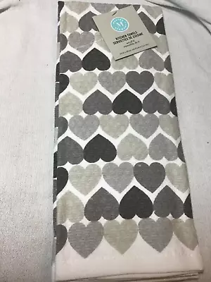 Martha Stewart Kitchen Dish Towels (2) White Gray Hearts 100% Cotton Nwt • $12.99