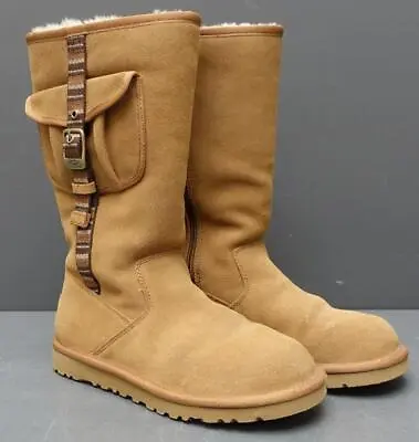 Women's Ugg Chestnut Brown Tan Suede Sheepskin Lined Zip Cargo Boots Sz 5 *NEW* • $24.94