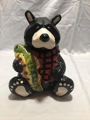 Collectible Black Bear Trout Fish Ceramic Cookie Jar Red Plaid Lake House Cabin • $21.88