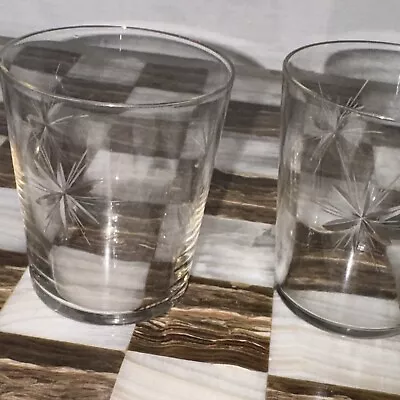 Set Of 2 Mid Century Modern Atomic Starburst Etched 4 OZ Water Juice Glasses • $15.95