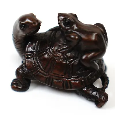 Signed Wooden NETSUKE Turtle And Frog Japanese Vintage 4.5cmx3.5cm • £67.56