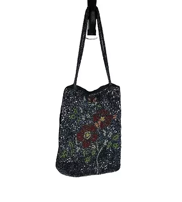 Avenue Floral Beaded Black Velvet Handbag Purse • $20