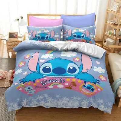 Lilo Stitch Cute Cartoon Quilt Duvet Cover Bedding Set Pillowcase Single Double • £19.55