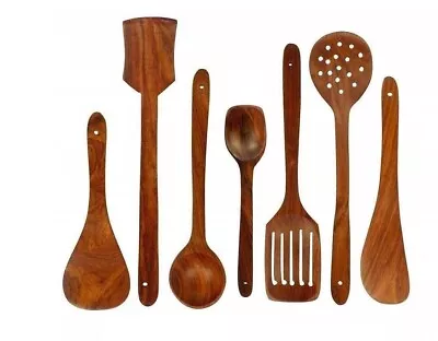 Wooden Serving And Cooking Spoons Set Kitchen Organizer Items Set Of 7 Sheesham • $27.43