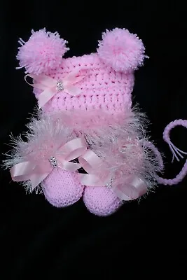 Lillbees Hand Knitted / Crochet Pink Fur Hat  Booties  Set 0/ 3m 22in Reborn • £19.99