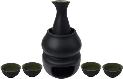 Hot Sake 7pcs Set 1 Candle Stove 1 Warming Mug 1 Sake Pot And 4 Sake Cups Black • $65.30