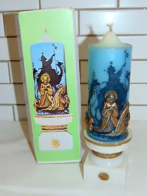 Vintage Holiday Candle & Holder Nativity Gold Raised Design British Hong Kong • $17.95