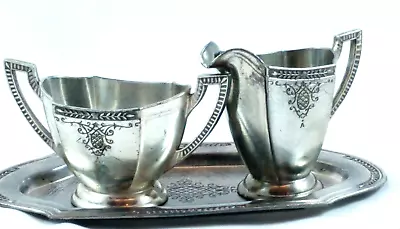 Vintage Silver Tone Metal Sugar Bowl & Creamer With Tray - Stamped Made In Japan • $41.99