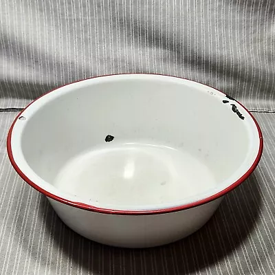 Vintage Enamelware BASIN PAN / MIXING BOWL - White Red Trim (10⅛ D) • $20