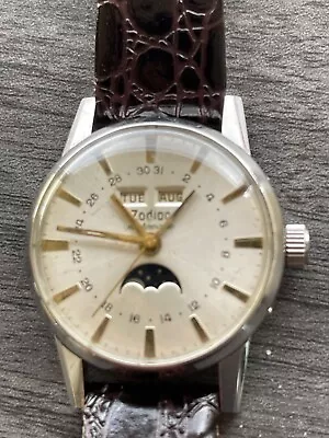 Vintage Zodiac Automatic Moonphase Triple Date Calendar Watch Stainless Serviced • $325