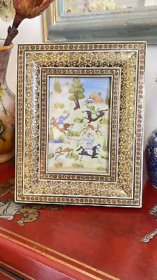 Vintage Persian Hand Painted Hunting Scene In Khatam Kari Mosaic Frame • £36