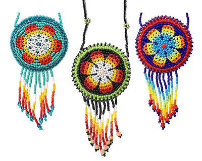 Round Seed Bead Medicine Pouch Flower Mandala Art Fringe Necklace Crystal Holder • $19.99