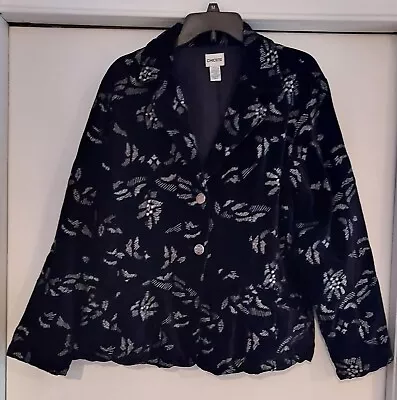 Chicos Womens Black Velvet Embroidered Blazer Jacket Sz 3 Black Lined Buttons XL • £19.18