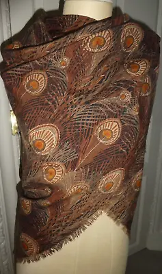 Liberty Large Varuna Wool Scarf Brown Shades Hera Peacock Feathers 50  Square • £41