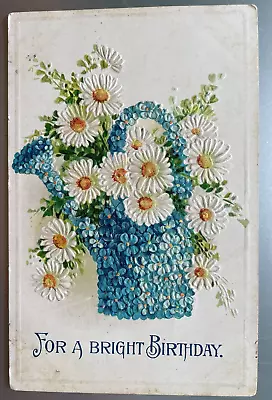 Vintage Victorian Postcard 1909 For A Bright Birthday - Blue Flower Watering Can • $8