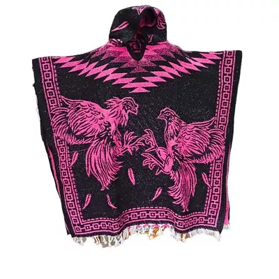 Mexican Pancho Blanket With Hoodie | Jorongo | One Size | Rooster Design | Pink  • $37