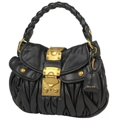 Miu Miu Matelasse Logo 2WAY Shoulder Bag Handbag Leather Strap Black Women • $399.88