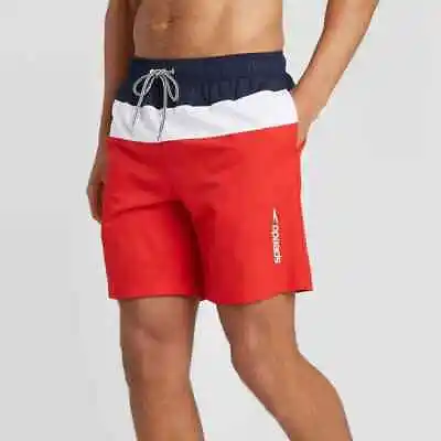 NWT Men's Speedo UPF 50+ Swim Shorts 18  Outseam  Red White Blue Size Small • $12.99