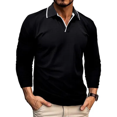 Men Lapel Regular Long Sleeve Long Sleeve V-Neck Basic Tops Fitted T-Shirt Shirt • $18.61