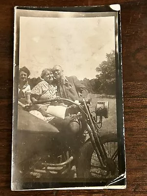 Antique Motorcycle With Sidecar Bike Man Woman Riding Vintage Photograph • $7