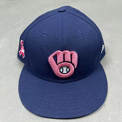 Milwaukee Brewers Hat Cap Mens 8 Blue New Era On Field Breast Cancer Made In USA • $19.47