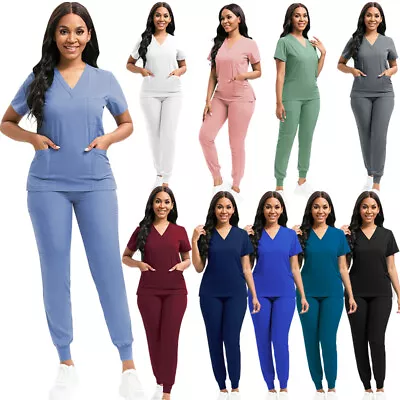 Unisex Stretch Medical Nurse Uniform Scrub Set V-Neck 3-Pocket-Top Jogger Pants • $18.97