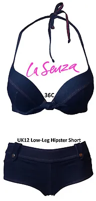 La Senza Blue Stretch Denim U/W Gel Core Padded Push-up Bikini 36C + 12 Short • £34