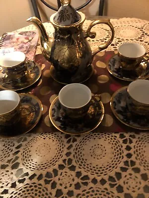 Beautiful Gold  Bavaria Germany Tea Set  -Service For 5 Blue/Gold Leaf Pattern  • $28.80