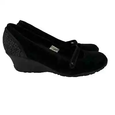 Merrell Petunia Wedge Heel Mary Jane Shoes Black Suede Leather Floral Back 9.5 • $39.95