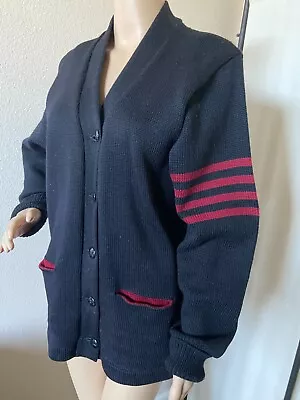 Vintage Dehen Black Wool Varsity Cardigan Sweater • $9.99