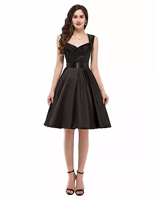 Women's Vintage 1950s Cut Out V-Neck Sleeveless Casual Swing Dress Black L • $29.99