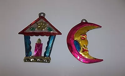 Vintage Mexican Folk Art Punched Pierced Tin CANDLE And MOON FACE Ornament  • $20