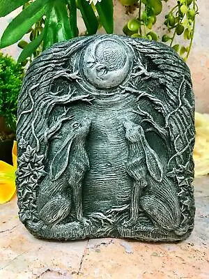 Silver Magical Moon Hares Wall Plaque Pagan Statue Moongazing Wiccan Sculpture • £22.95