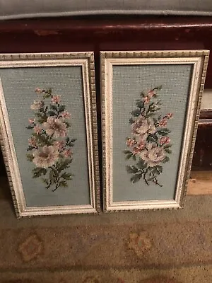 Set Of 2 Vintage Framed Needlepoint Wall Art Flowers Shabby Chic • $55