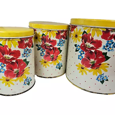 Vintage COLORWARE 3 Tin Canisters Cottagecore Vibrant Colors Rustic Floral • $30