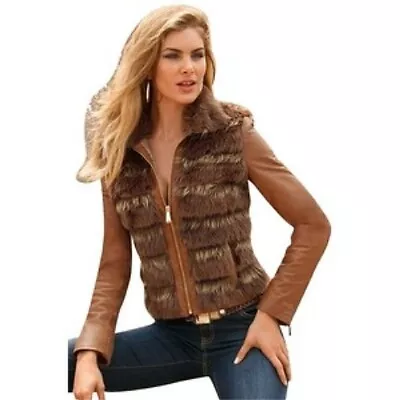 $65 • Buy BOSTON PROPER Sz 8 Layered Faux Fur Cropped LEATHER Jacket Cognac Brown NEW $368