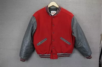 Vintage Excelled Leather Wool Varsity Letterman Jacket USA Embroidered On Red L • $47.99