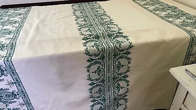 Vintage Belgian Green & White Banquet Tablecloth  XX074 • $145