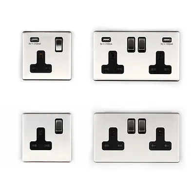 Area 1 - 2 Gang Regular Or USB Wall Socket Plug Brushed Chrome Finish Screwless  • £5.99