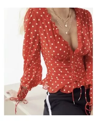 Finders Keepers Rosie Red White Polka Dot Deep V-Neck Ruffle Long Sleeve Size S • $30