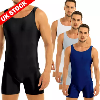 UK Men's Bodysuit Stretch Gym Jumpsuit Sports Tank Leotard Workout Boxer Shorts • £15.59