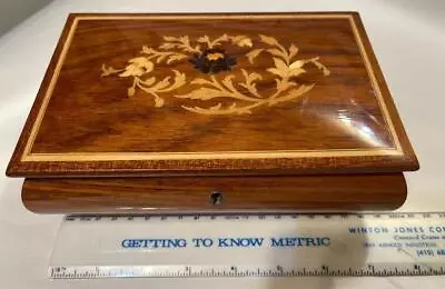 Reuge Music Jewelry Box Inlaid Wood Blue Velvet Lined Made Italy Swiss Movement • $29.95