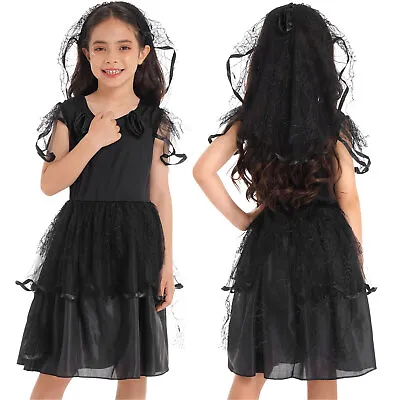 Kids Girls Graveyard Bride Halloween Costume Ghost Zombie Dress Up With Veil Set • £7.55