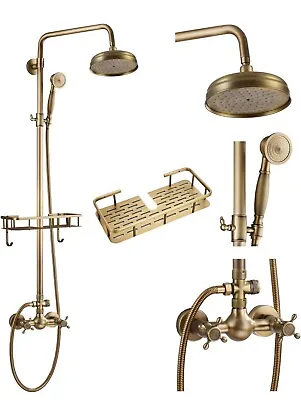 Exposed Shower Faucet Set 8  Rain Shower Combo Antique Brass 3 Function System • $50.54