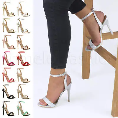 Womens Ladies Slim High Heel Barely There Ankle Strap Party Evening Sandals Size • £14.99